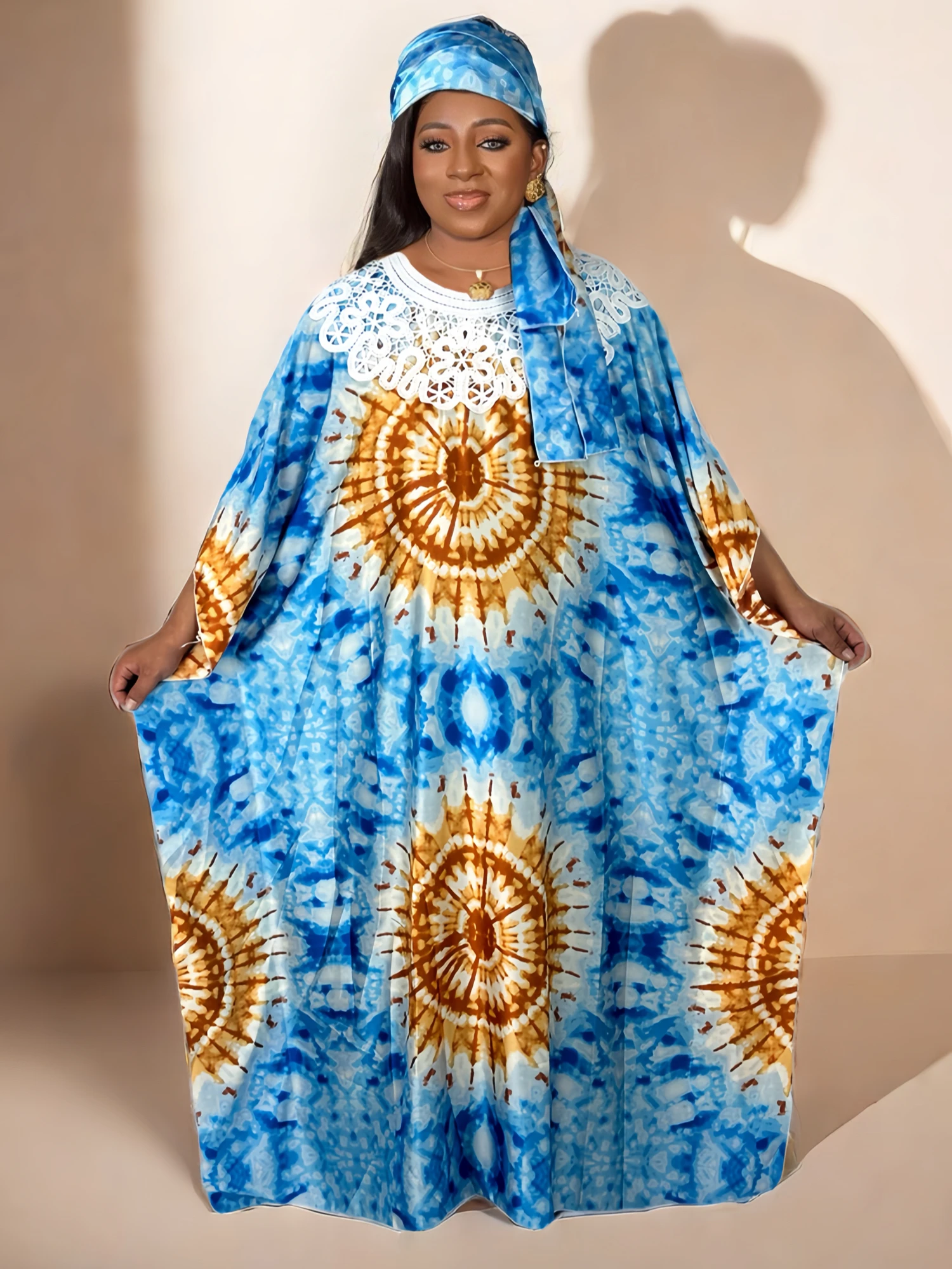 Plus Size Colorblock Tie Dye Pattern Kaftan Dress, Elegant Crew Neck Batwing Sleeve Maxi Dress, Women's Plus Size Clothing