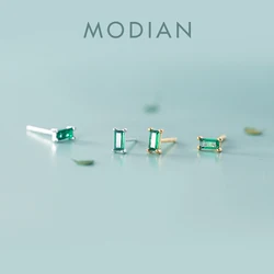 Modian Silver Small Tiny Green Zircon Stud Earrings 100% 925 Sterling Silver Emerald Cut Crystal Studs Ear For Women Jewelry