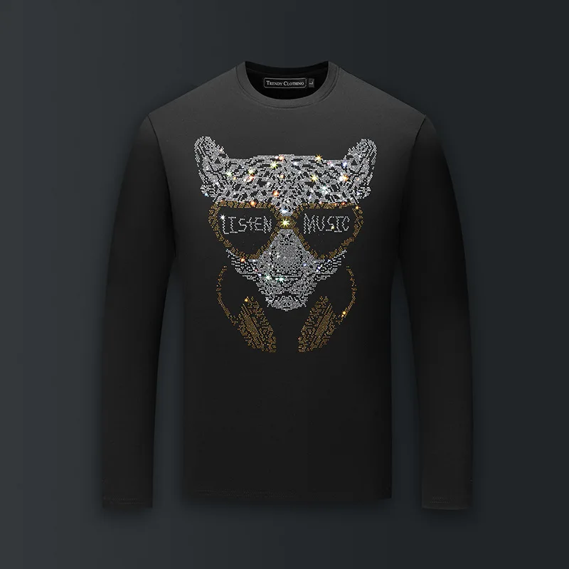 

Высококачественные футболки с героями мультфильмов и стразами, мужские модные уличные футболки с круглым вырезом и длинными рукавами, тонкие хлопковые футболки из модала, мужская одежда