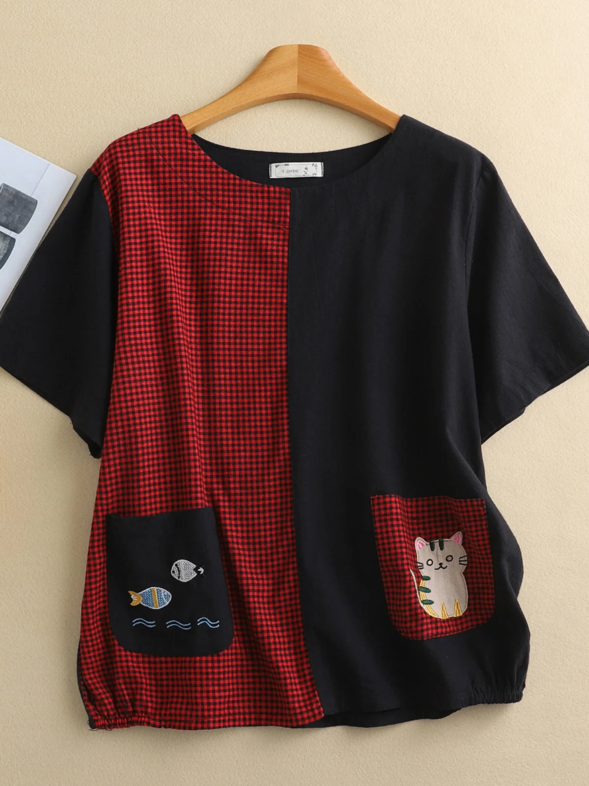 الرجعية التباين اللون المرقعة القطن الكتان ort Sve تي شيرت حجم كبير جولة Ne الكرتون التطريز المرأة الأعلى