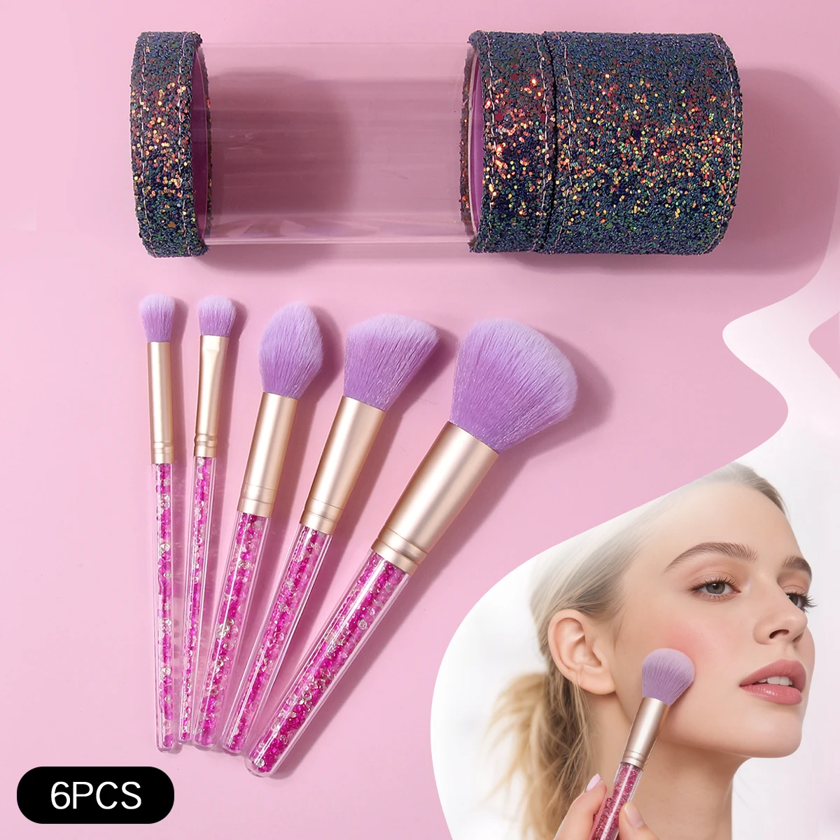 

Кисть для румян с блестками, 5 предметов, кисть для рассыпчатой пудры, набор кистей для макияжа для теней и 1-секционный контейнер для хранения блесток большой емкости