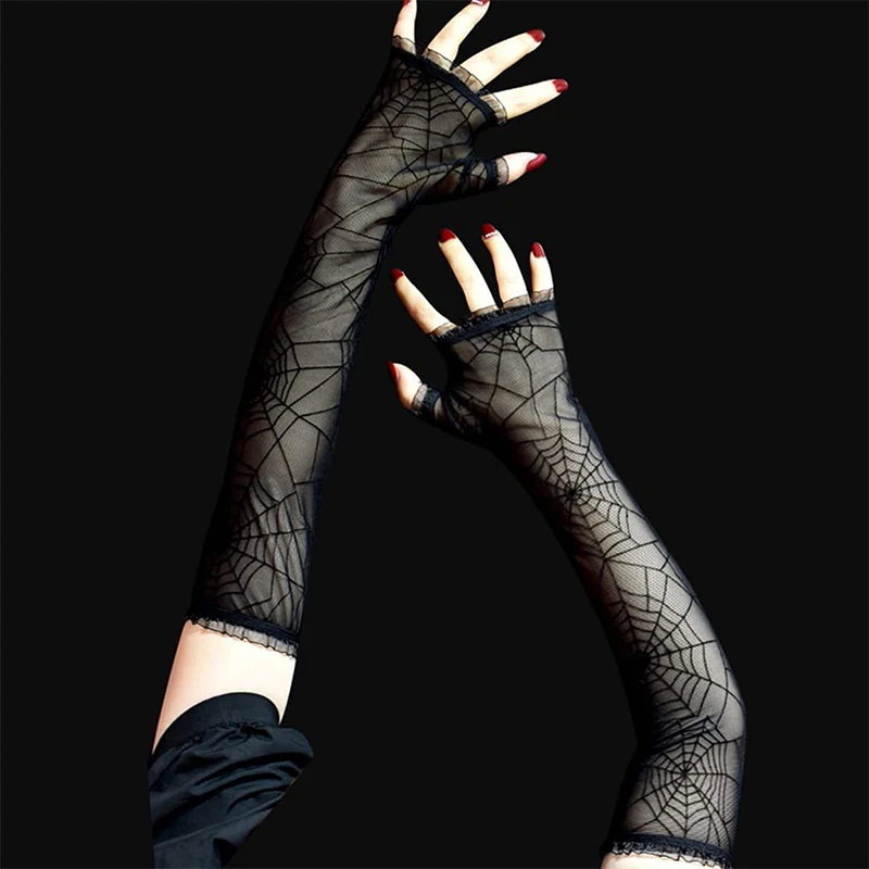 2 Pieces Women\'s Halloween Dark Punk Spider Web Long Half-finger Gloves Outdoor Sports Cycling Lace Sun Protection Sleeves