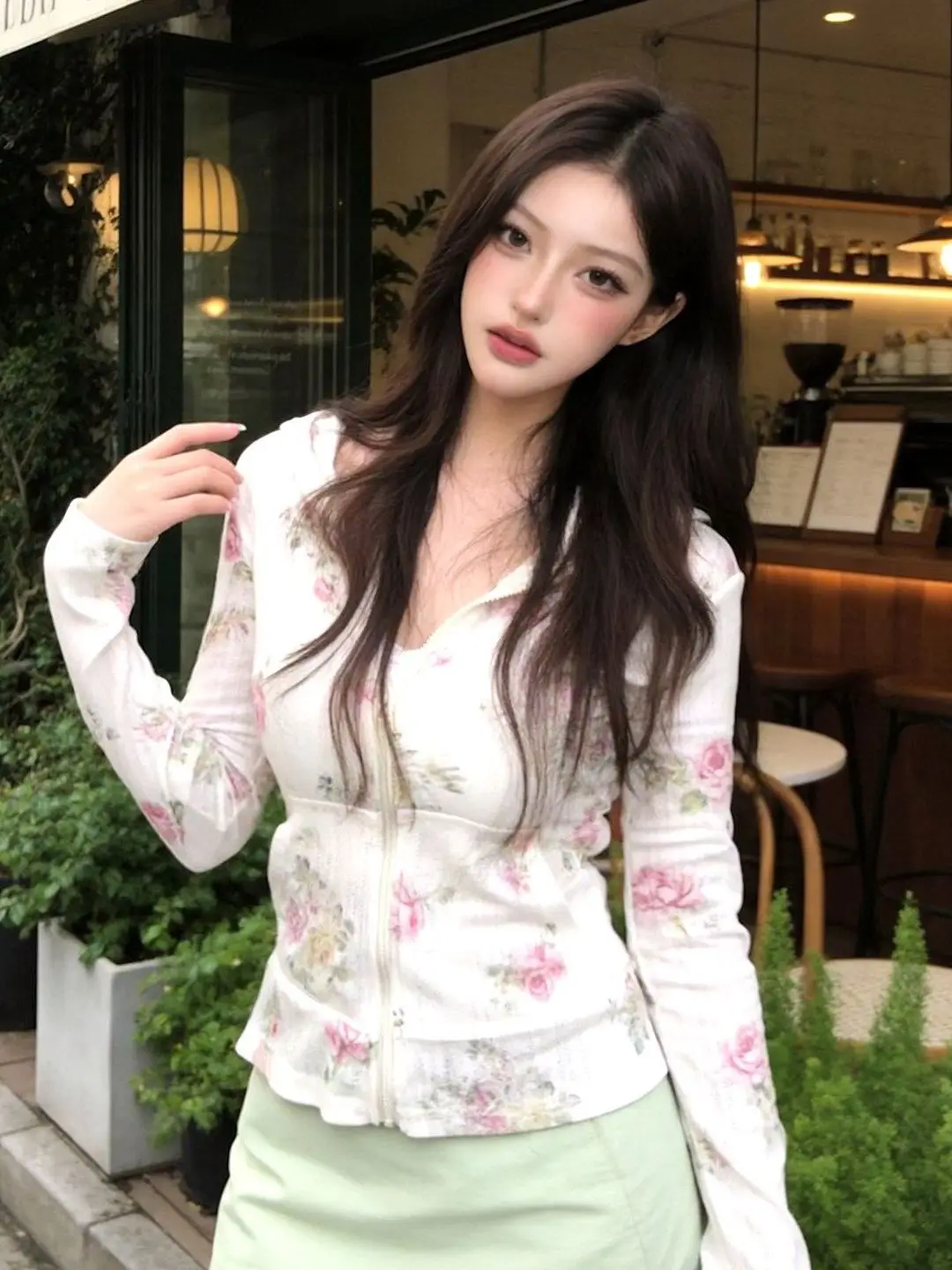 Floral Print Slim Fit Long Sleeve Zipper Hooded Cardigan Women's Summer New Style Breathable UV Protection T-Shirt Casual Loo...