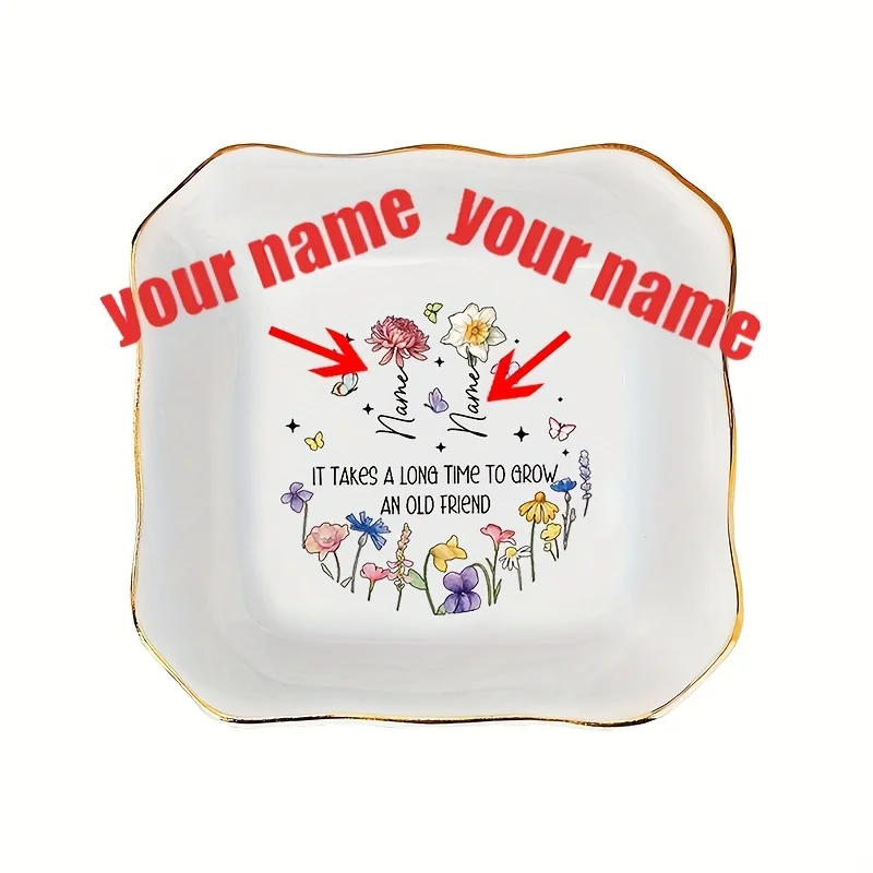 1pc, customized name, beautiful flower print pattern, ceramic jewelry dish, suitable for bedroom, office, desktop, dressing tabl