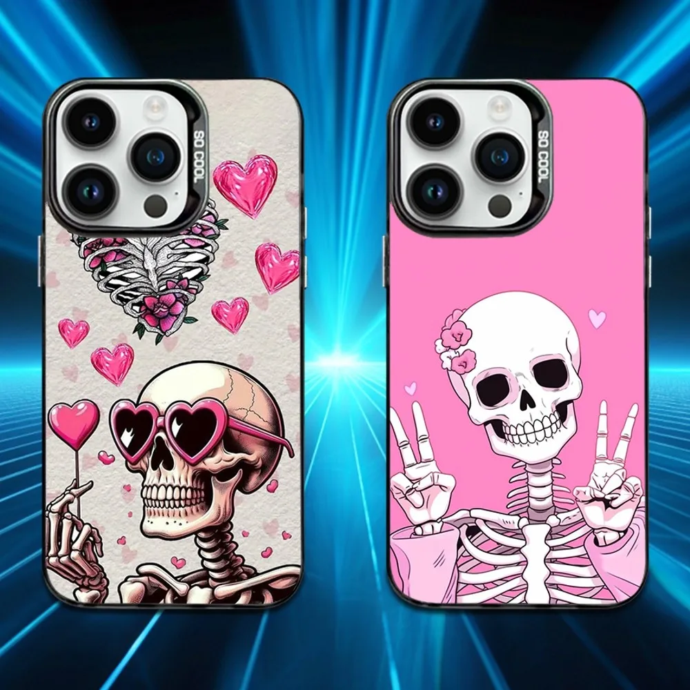 

Skeleton Art Pink Phone Case For iPhone 16,15,14,13,12,11,Mini,Pro,MAX Black Matte Shockproof Cover