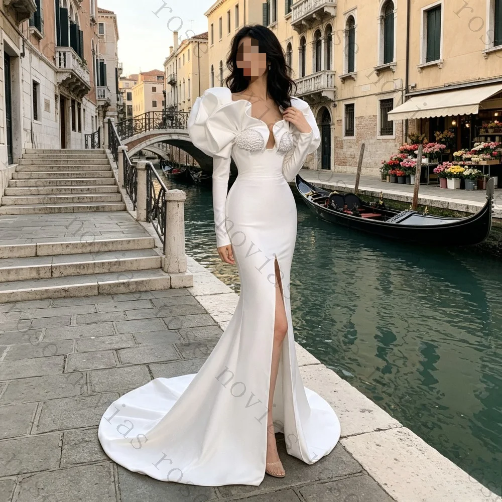 Customized Luxury Satin Mermaid Evening Dress 2026 Bubble Sleeves Deep V-high Slit Long Sleeves Slim Fit Trailing Party Gown