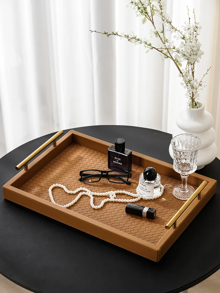 HYS hardware leather light luxury high-end rectangular living room entrance key cosmetics jewelry storage tray
