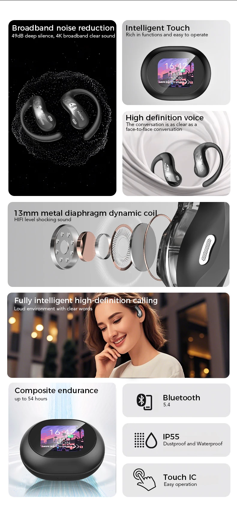 [Intelligente Touchscreen-Ohrhörer] MINISO MS188 Bluetooth-Kopfhörer AI-Übersetzung Ohrhörer Drahtlose Kopfhörer mit Mikrofon – Detail 4