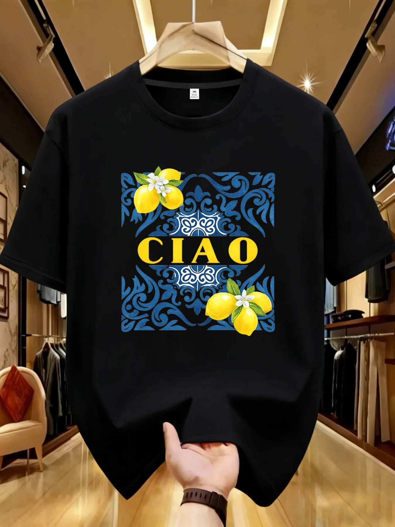 

【YJ00024】Six lemons Plus size women's round neck short sleeve T-shirt with elastic half sleeves and trendy prints