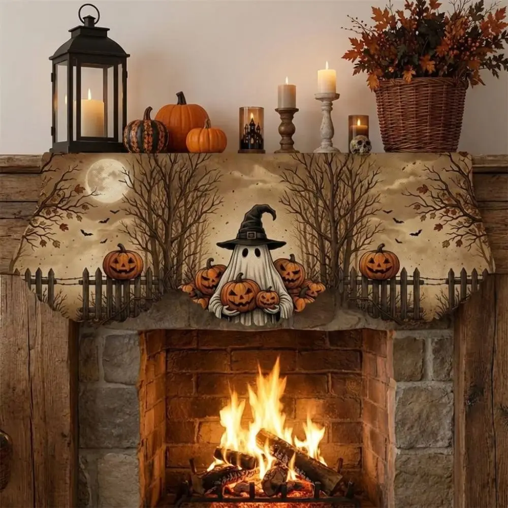Scalloped Edge Halloween Mantel Scarf Haunted House Autumn Pattern Fireplace Shelf Cover Pumpkin Theme Country-Style