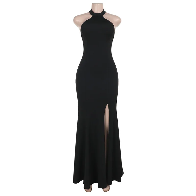 Party Evening Dress Women Sexy Bodycon Black Sleeveless Halter Split Backless Long Dress 2024 Fashion Elegant Holiday Lady Robe