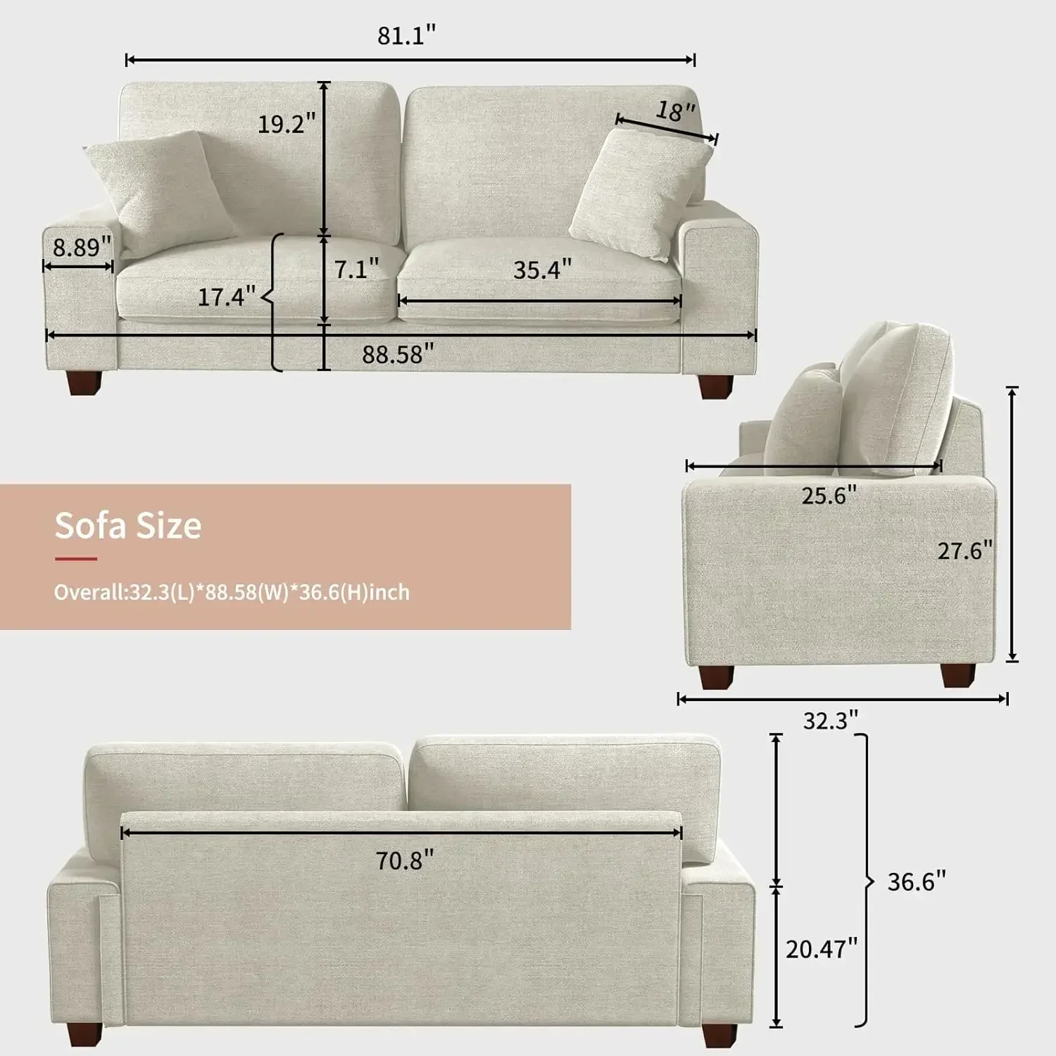 Modern Living Room Chenille Recliner Sofa Small Sofa,loveseat Sofa,Removable Sofa, Easy to Install (88.58inch，Beige)