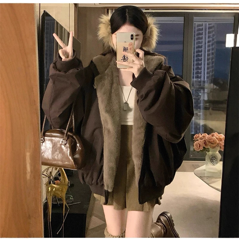 Plus Velvet Thick Warm Winter Double Sided Wearable Parka Coats Fleece Hooded Casual All-match Loose Women Cotton Padded Jackets