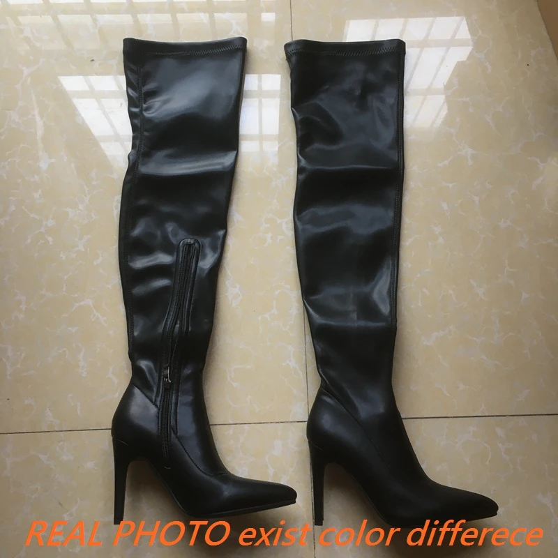 REAVE CAT Autumn Over Knee Boots 10cm Stiletto High Heel Round Toe Leather Thigh High Big Size 45 46 47 48 US17 Black