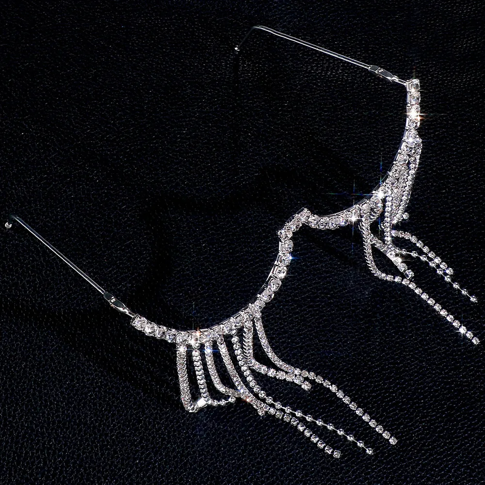 إطار نظارات طويل بشرابة من WEMDU عالي الجودة للنساء 2025 موضة بدون عدسة من حجر الراين نظارات مزخرفة بنصف إطار معدني