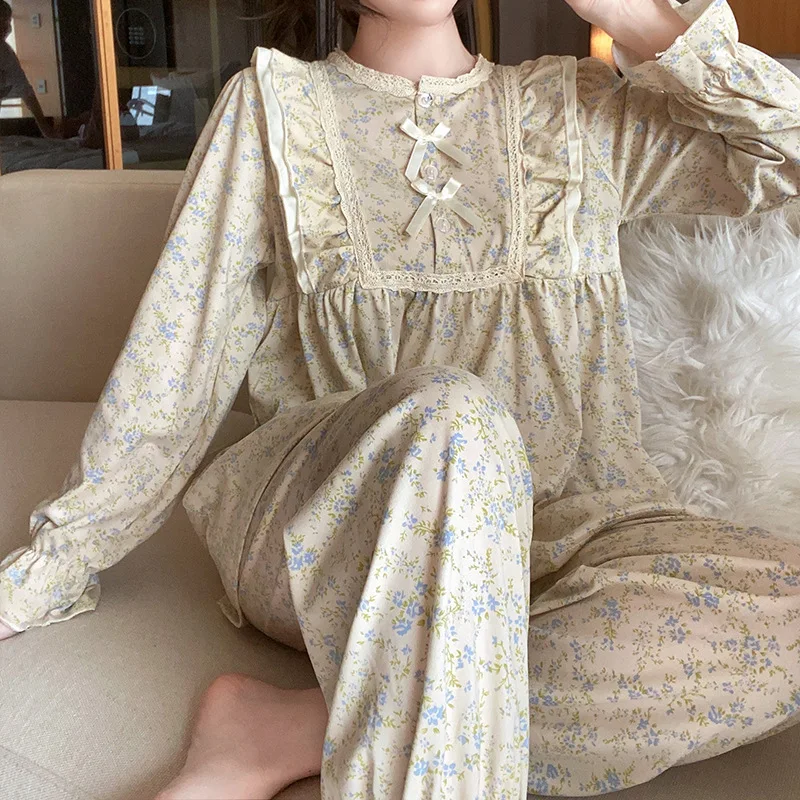 

Sweet Ruffle Bow Floral Pajamas Women Long Sleeve Trousers Loungewear Two-Piece Set of Large Size Romantic Ladies Nightwear