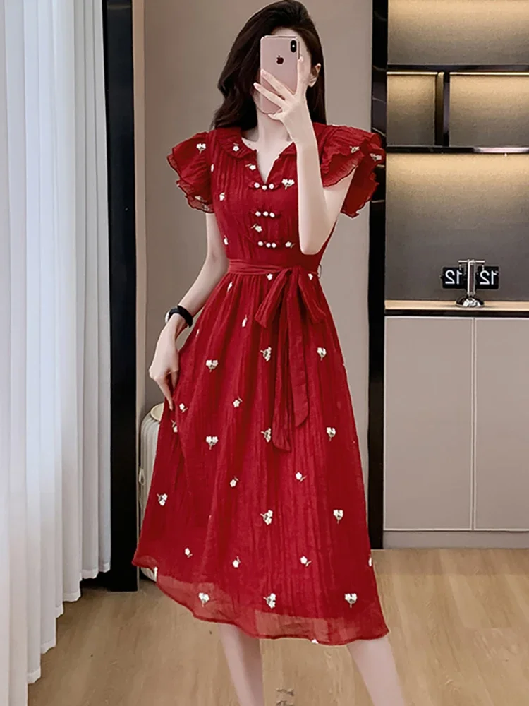 여성 우아한 플라잉 슬리브 캐주얼 드레스 2025 한국 빈티지 파티 드레스 여름 레드 자카드 플로럴 시크 보우 밴디지 롱 드레스