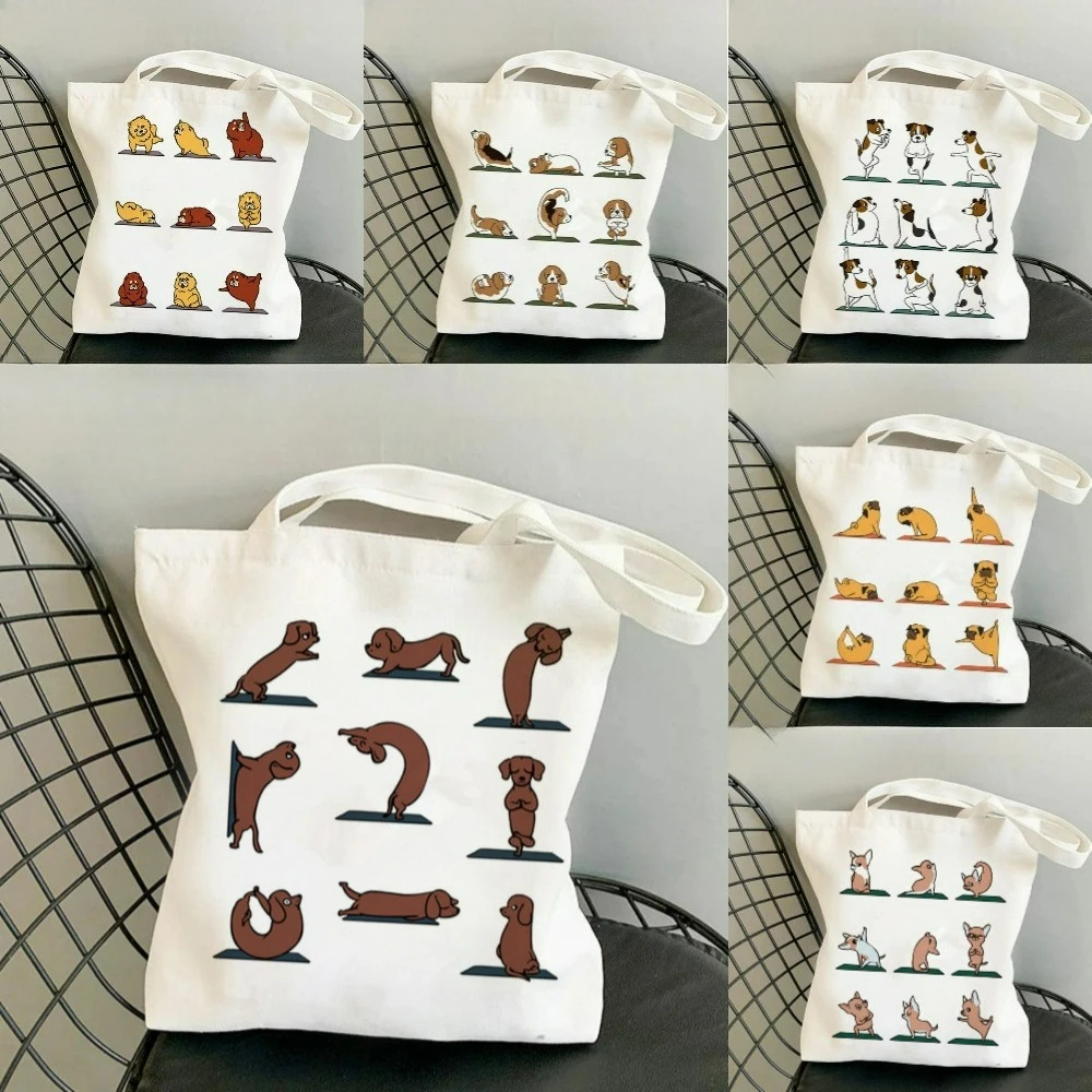 Cute Yoga Dog Canvas Tote Bag, Funny Puppy Yoga Pose Print Shoulder Bag,Everyday Use,Commute,Travel Shopping,Daily Commute Bag ﻿