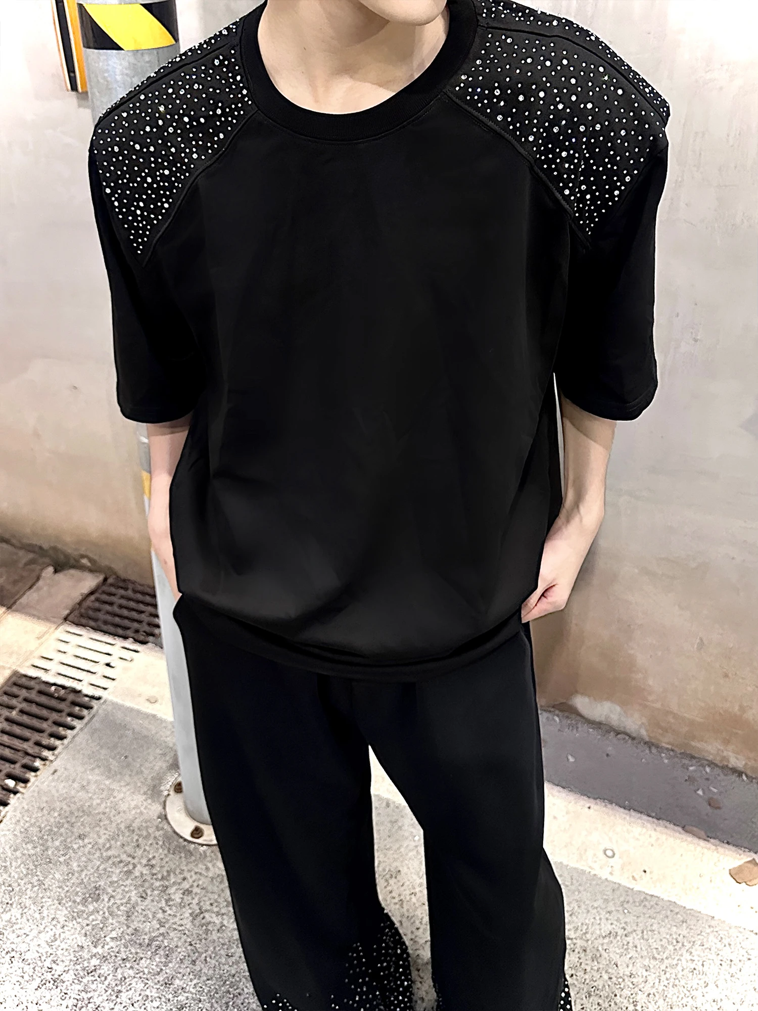 Summer New Heavy Industry Hot Diamond White Short-sleeved T-shirt Fashionable Trendy Men's Loose Casual Crew Neck Shirt Top