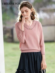 I BELIEVE YOU Spring Knitted Tops for Women 2022 Wave Edge V-neck Bow Elegant Blouse Female Clothing Harajuku Sweater 2221144392