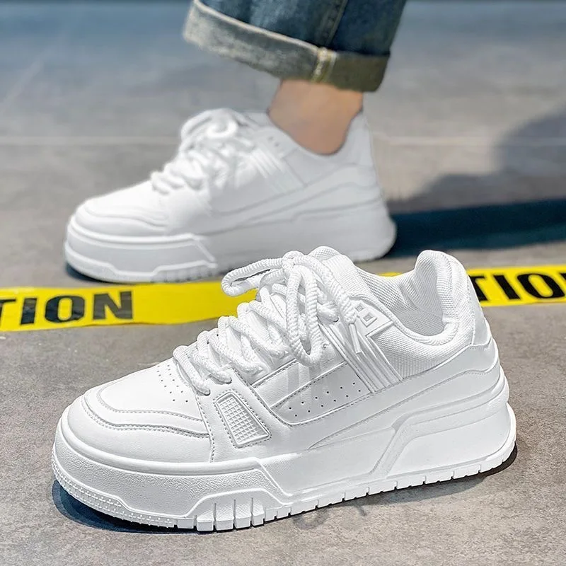 

Women's White Platform Sneakers Smooth PU Upper Thick Non-slip Sole Lace-up Design Fashion Chunky Sole Casual Versatile Shoes