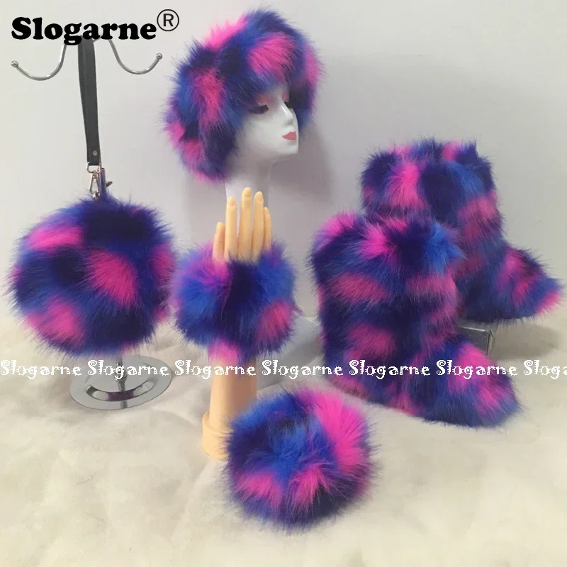 2024 Fashion Fur Sets Women Winter Furry Snow Boots Fur Boots Fur Purse Handbag Plush Warm Girl Fluffy Headband Ski Shoes Bag