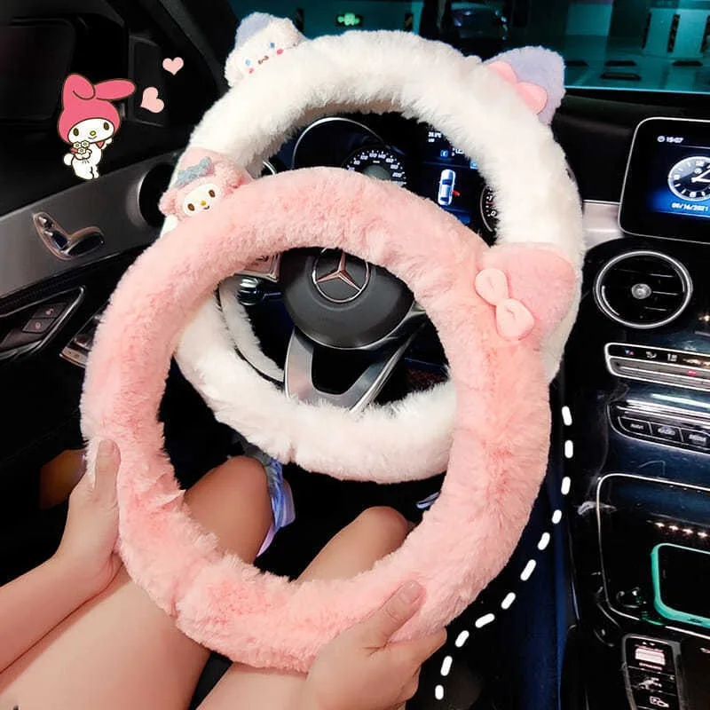 1Pcs Car Steering Wheel Cover Winter Hello Kitty, My Melody, Cinnamoroll Plush Cute Cartoon 38cm Universal Style Car Accessories