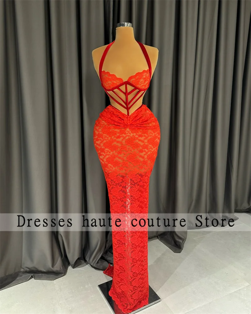 

Aso Ebi Halter Lace Mermaid Beaded Evening Dress 2025 Lace-up African For Women Birthday Party Dress Special Occasions Gowns