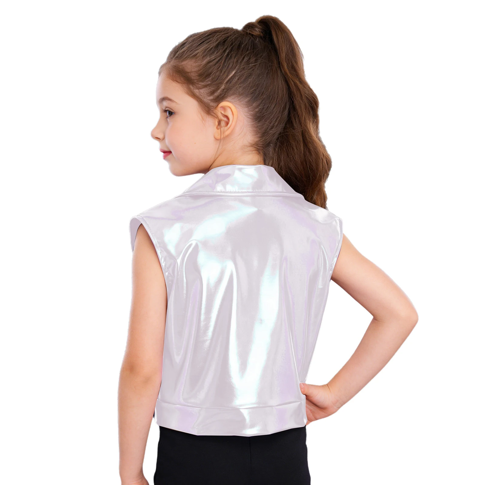 Zipper Metallic Jacket Tops for Boys Girls Kids Hip Hop Jazz Dance Performance Costume Turn-Down Collar dance Vest Outerwear