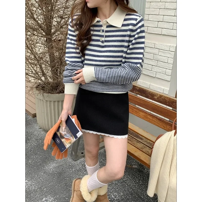 

2025 New Striped Polo Lapel Knitted Sweater