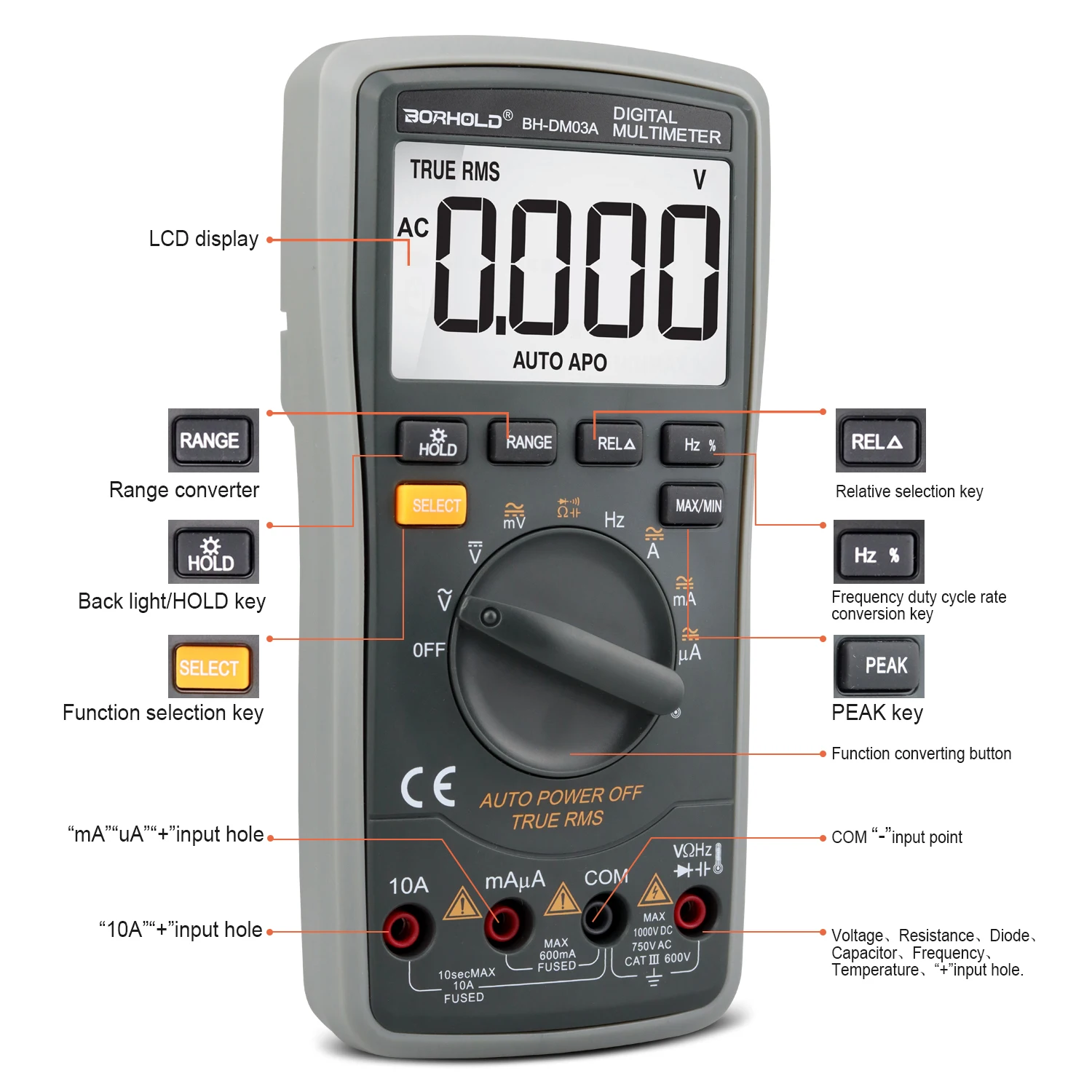 Borhold BH-DM03A Smart Digital Multimeter True RMS AC/DC Ammeter Volt Ohm Test Meter Auto Range Meter with temperature test