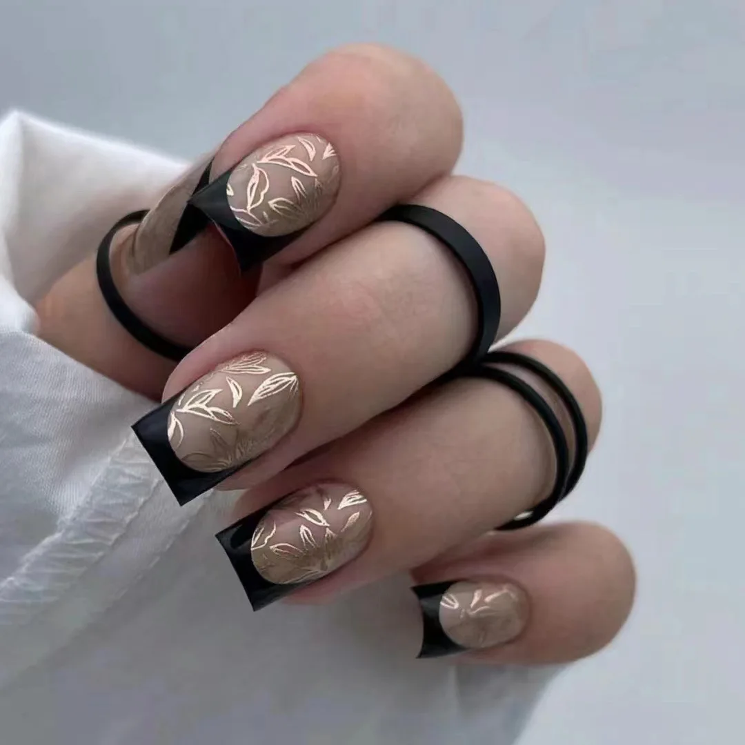 

24Pcs Short Square Head Nails Set Press on Black French Gold Leaf Design Full Cover Fake Nails Tips Reusable Finished False Nail