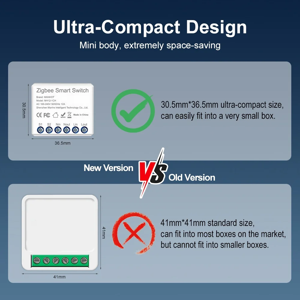 Manhot Zigbee 3.0 Smart Switch 12A Mini Module DIY Supports 2 Way Control Home Automation Wok with Alexa Google Home Zigbee2MQTT image 2