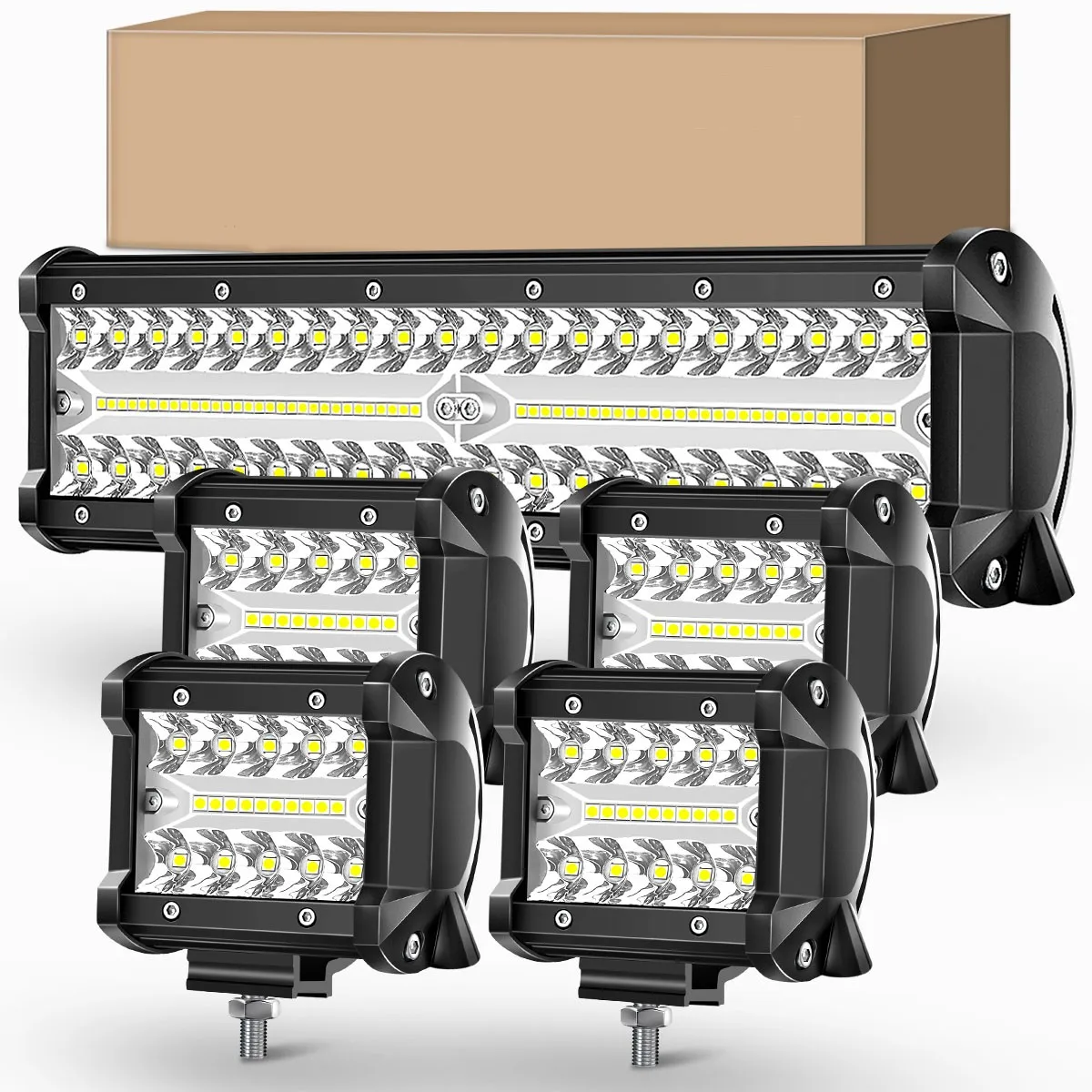 

12Inch Spot Flood Combo Led Light Bar and 4PCS 4Inch LED Pods Fog Lights for Jeep Wrangler Boat Truck Tractor Trailer Off-Road