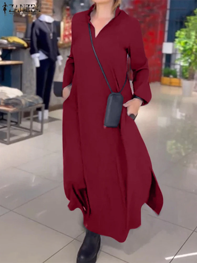 ZANZEA Elegant Turn Down Collar Long Dresses Women A-line Maxi Shirtdress Casual Long Sleeve Solid Robes Loose Pocket Vestidos