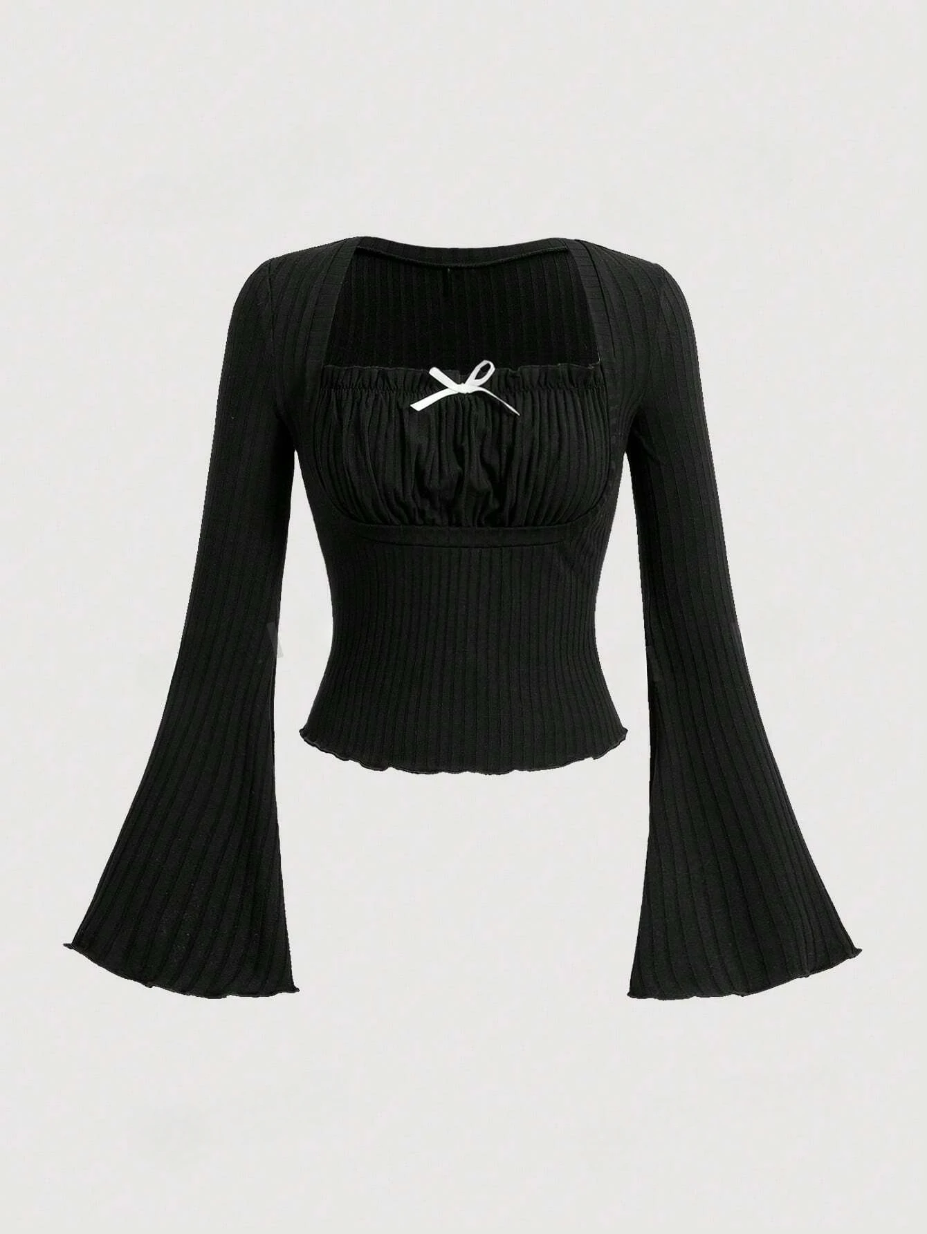 Casual Pleated Bow-knot Squre Neck Flare Long Sleeve Crop Top Women Spring Fall 2024 Fashion Solid Color Rib-knit Blouse Y2K