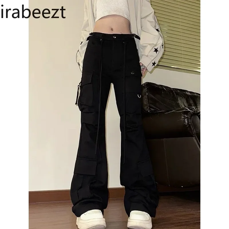 Ladies Pants Simple Versatile Solid High Waist Drawstring Multiple Pockets Slim Micro Flared Floor Mopping Jeans Women's Clothes