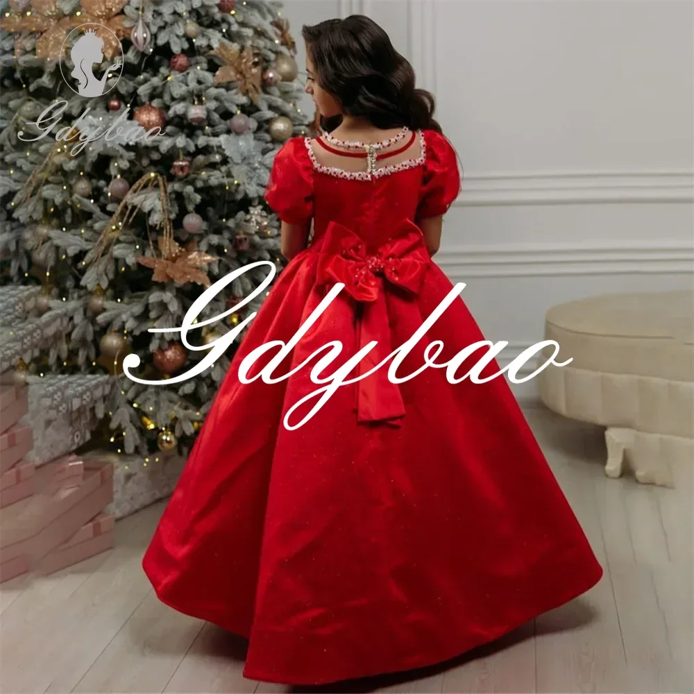 تخصيص بلورات بسيطة قصيرة الأكمام ألف خط كلاسيكي طويل الكرة زهرة فتاة فستان الكاحل طول أنيق ثوب التواصل الأول