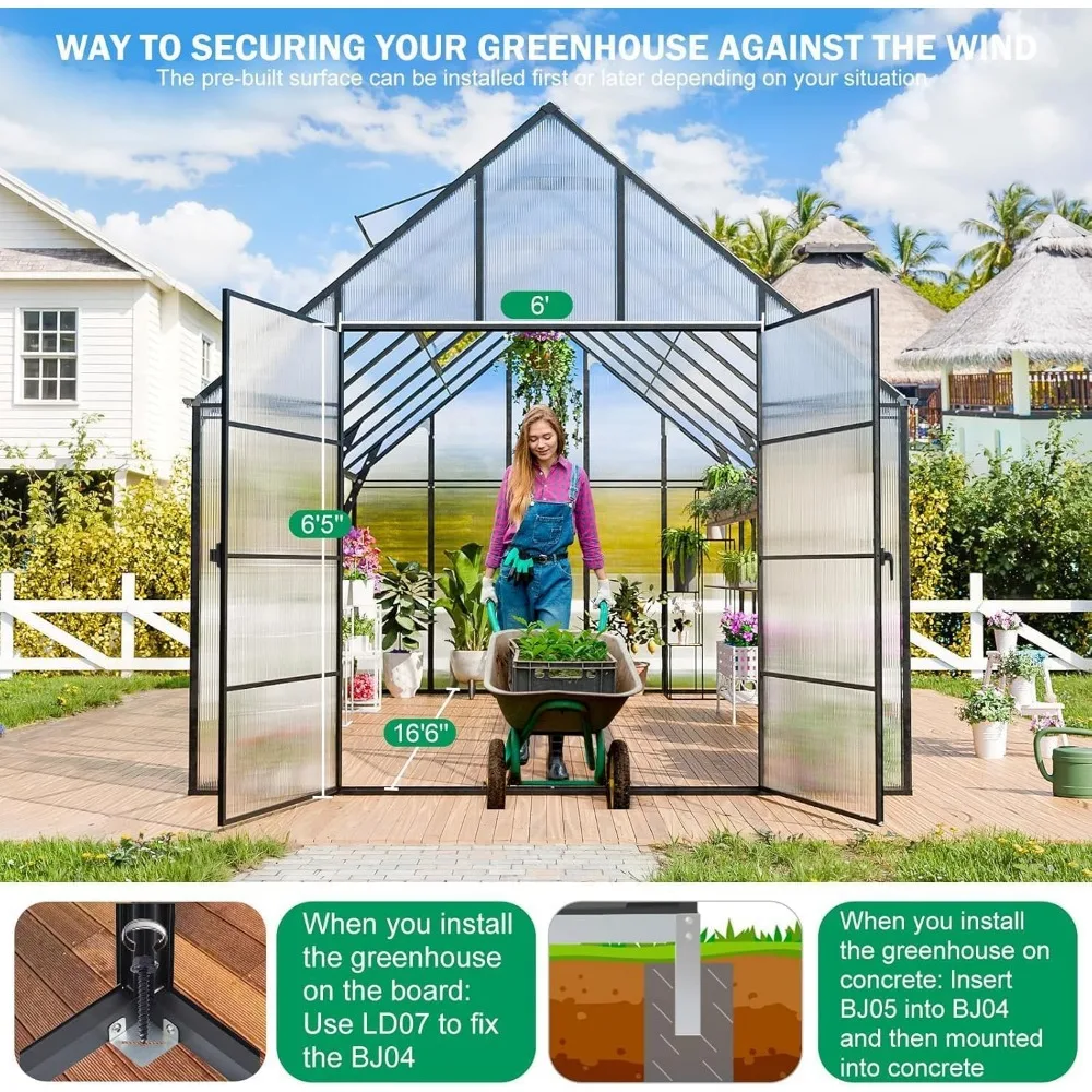 Greenhouse for Outdoors,Large Polycarbonate Greenhouse Aluminum Greenhouses w/3 Vents Window, Swing Door Walk-in Green House