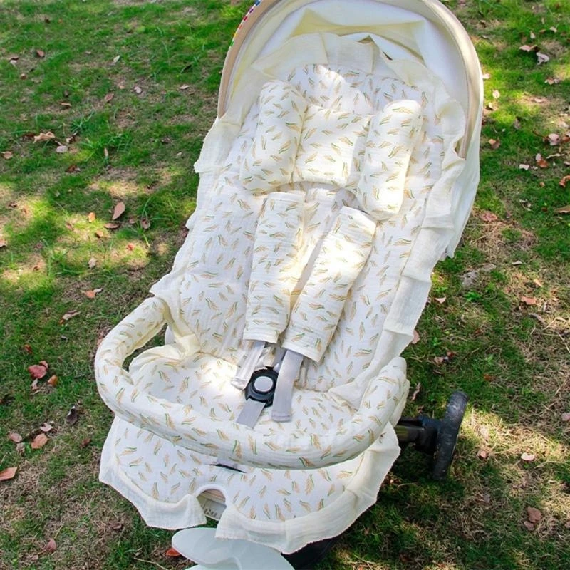 Universal Baby Strollers Pad Soft Cotton Lace Design Nonslip Pram Cushion with Headrest For Four Season Use
