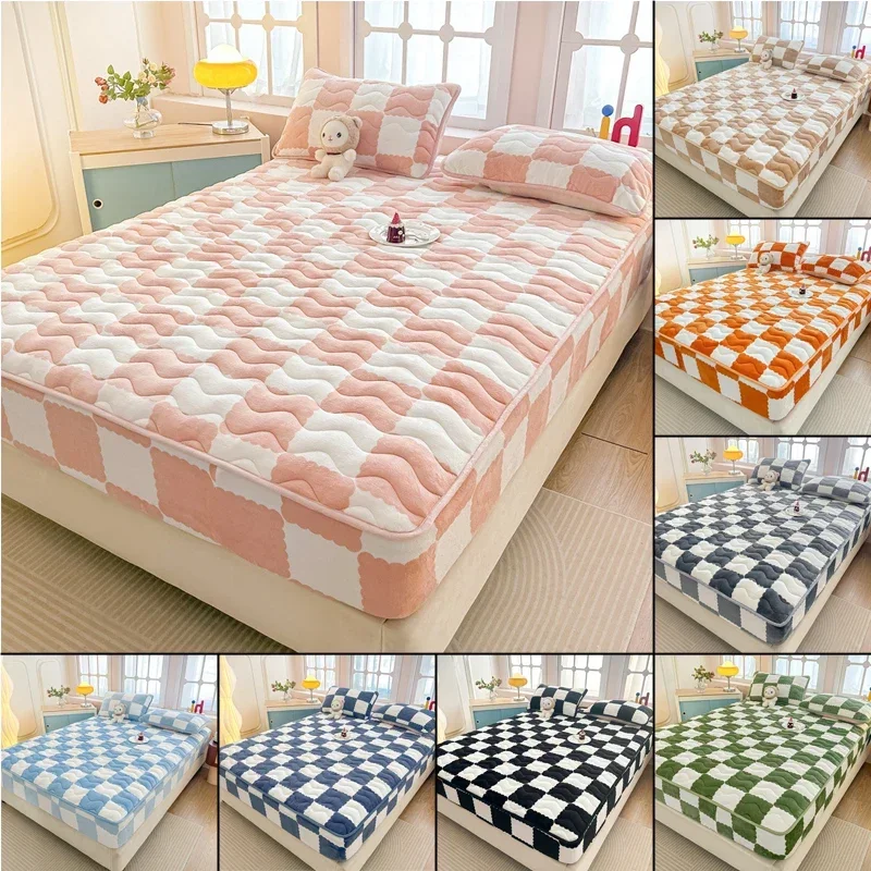 3Pcs Soft Comfortable Bedspread Velvet Fabric Fitted Sheet Solid Color Mattress Cover Winter Warm Fitsheet Flannel Bed Protector