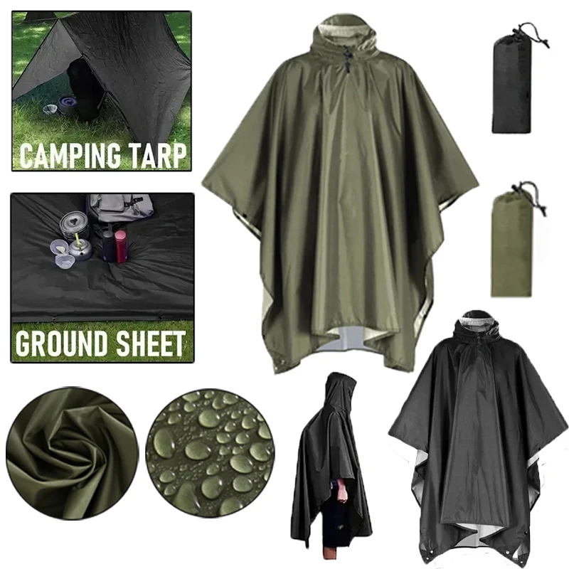 

3 In 1 Outdoor Military Raincoat Hooded Sleeve Waterproof Rain Poncho Motorcycle Rain Cover Camping Hiking Travel Rainwear Tent