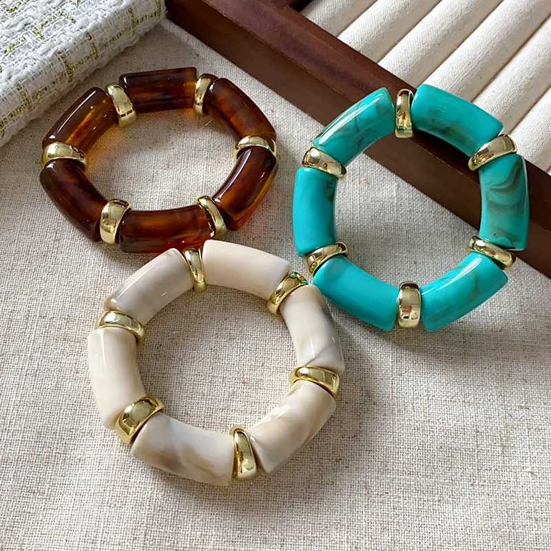 Bohemia Cylinder Smudging Acrylic Bangles for Women Retro Ethnic Style High Elasticity Wristband High-end Resin Party Jewelry M1