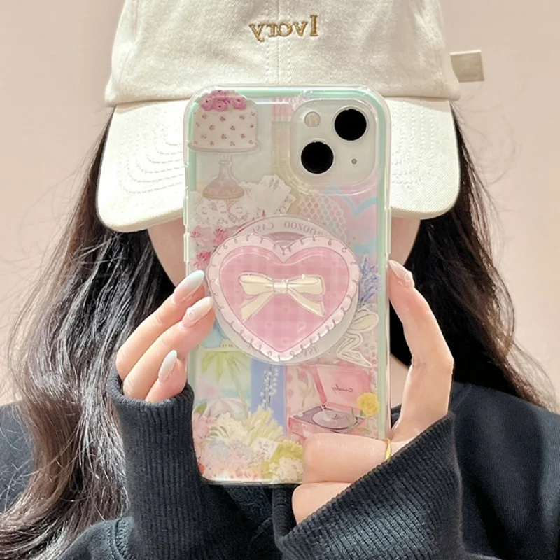 Coréen mignon grille coeur arc magnétique téléphone Griptok poignée Tok support pour Magsafe pour iPhone 17 16 pro étui de charge sans fil support