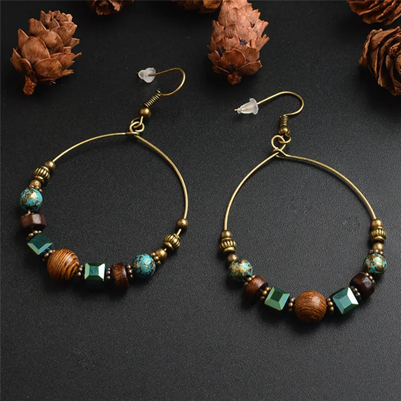 Retro Ethnic Style Round Earrings For Women Bohemian Style Creative Wooden Beads Turquoise Earrings Jewelry Gift