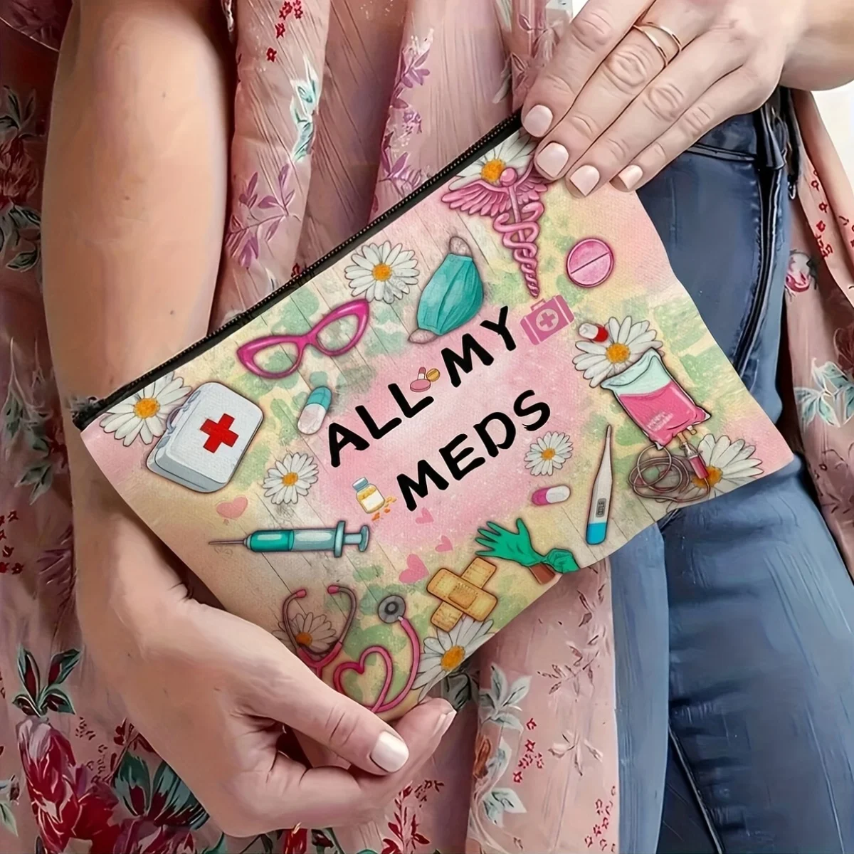 A All My Meds Makeup Bag-Cute Multifunctional Zipper Bag for Women, Jewelry Storage Bag, Perfect Travel Zipper Small Storage Bag