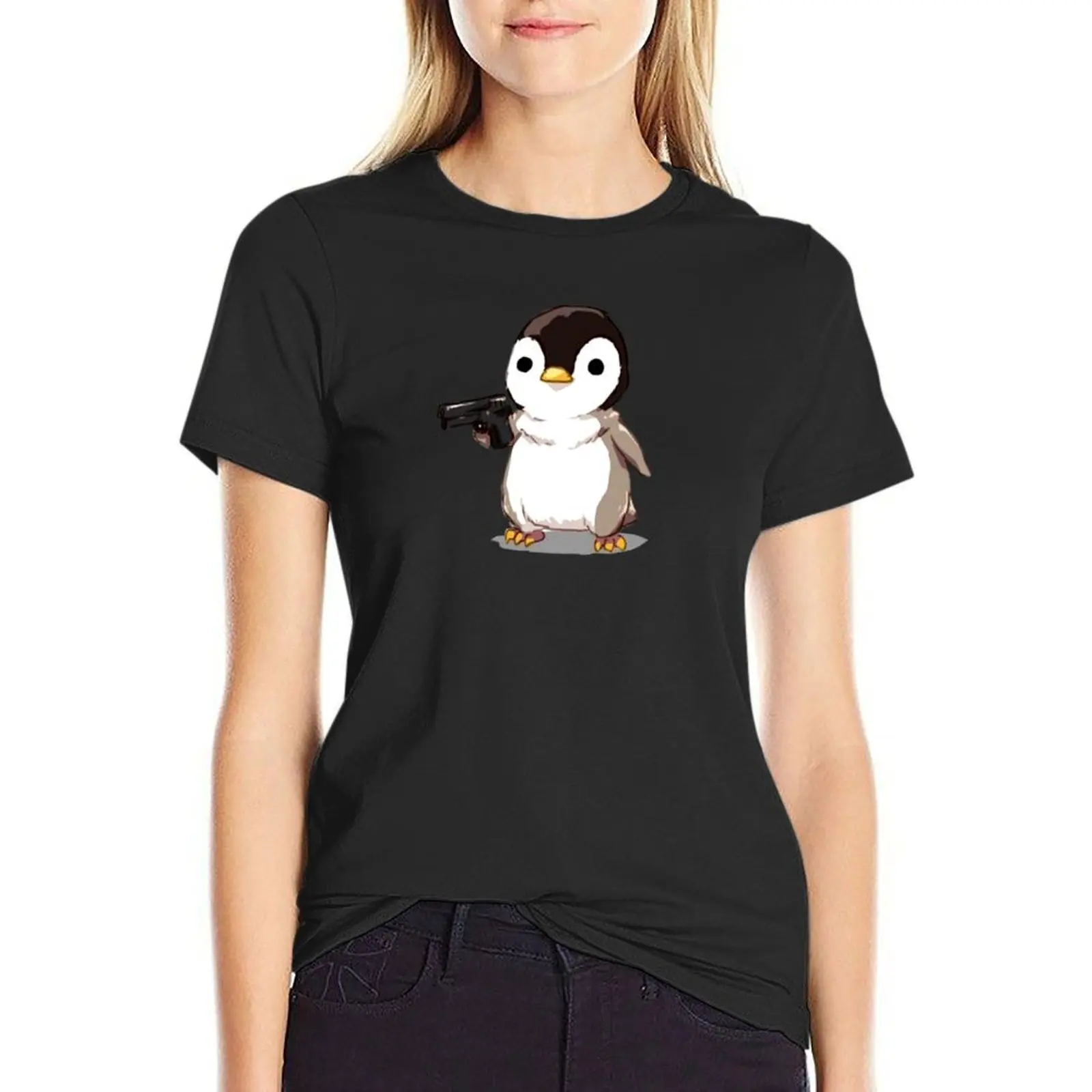 

Cute Penguin with a Gun T-Shirt Short sleeve tee animal prinfor anime korean fashion womans clothing