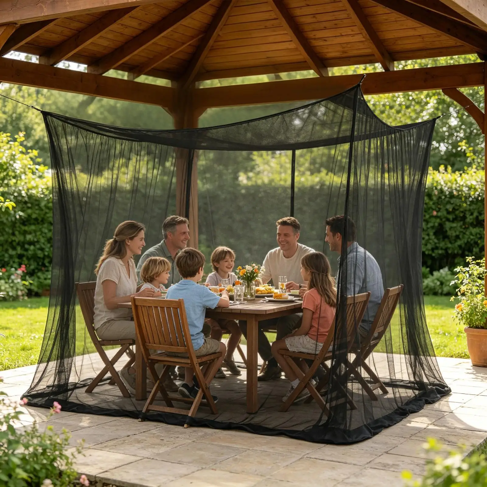 Patio Netting 9.84x9.84x8.2ft Portable Square 4 Corner Mesh Drapes Camping Cot Mosquito Net For Tables Chairs Under Gazebo