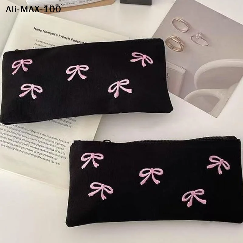 【AV】Black Canvas Pencil Pouch With Cute Pink Bow Embroidery Large Capacity For Students Stationery Storage