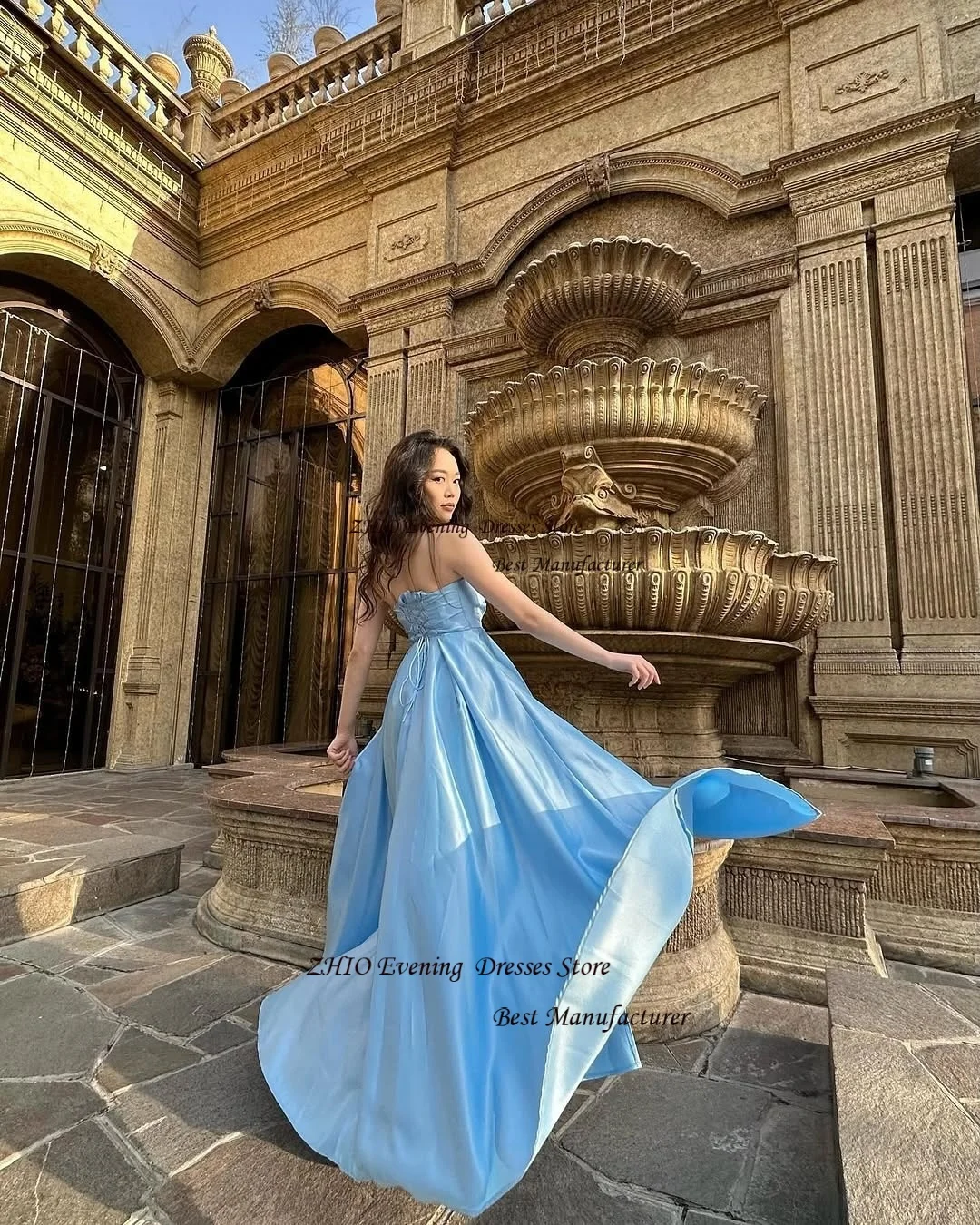 ZHIO Elegant Blue Shiny Satin Evening Gown Off Shoulder Sweetheart A Line Dress Pleated Corset Back Prom Gown Customized